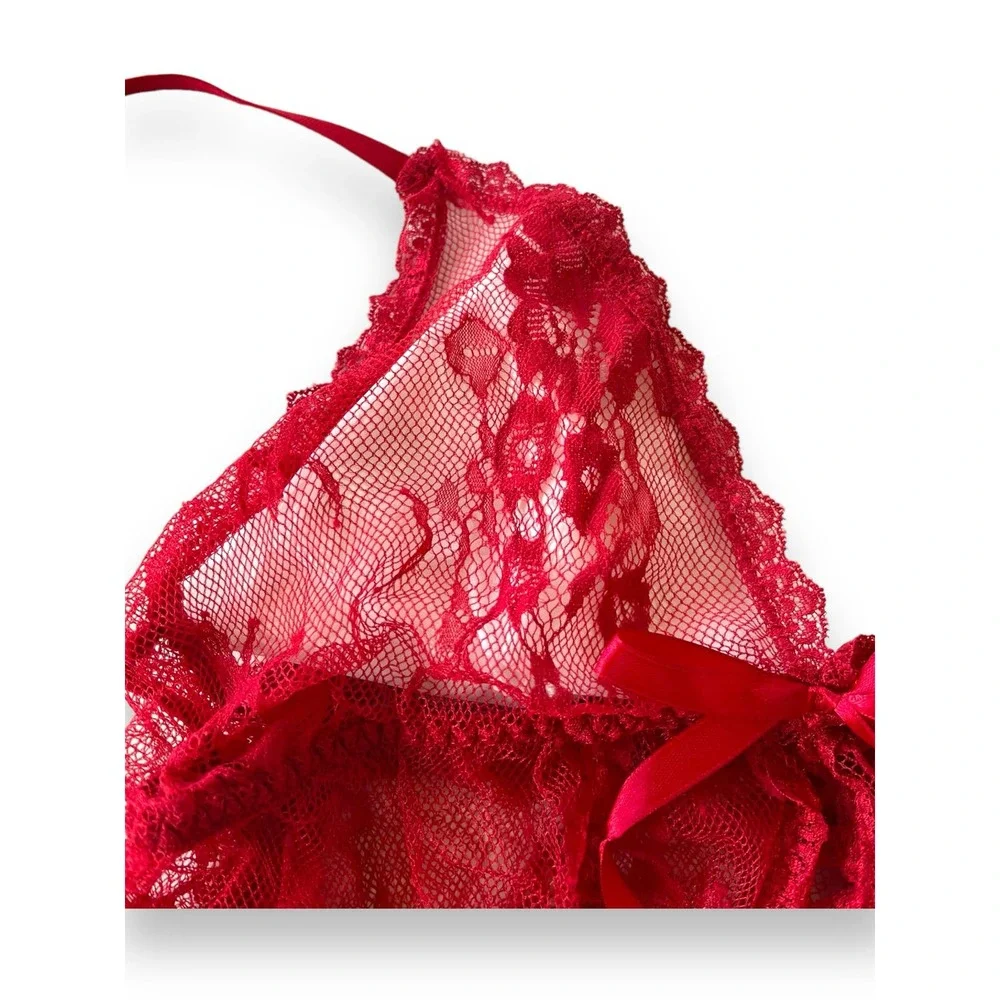 AvidLove Lace Sheer Open Front Babydoll Sexy Negligee Lingerie | Red, Small - Picture 6 of 9